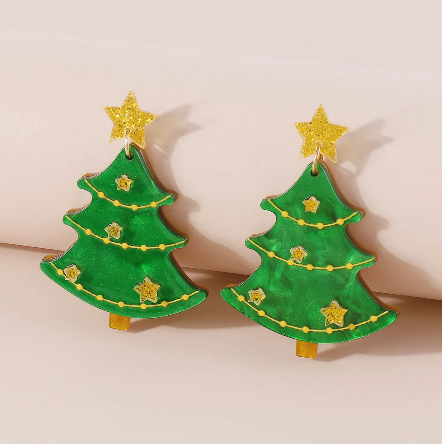 Green Christmas Tree with Gold Stars Drop Earrings