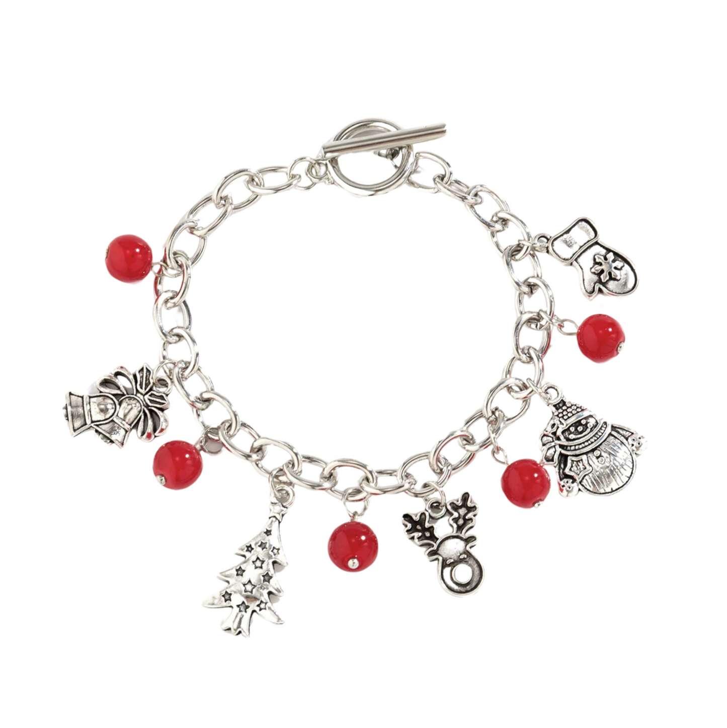 Silvertone & Red Beaded Christmas Charm Bracelet
