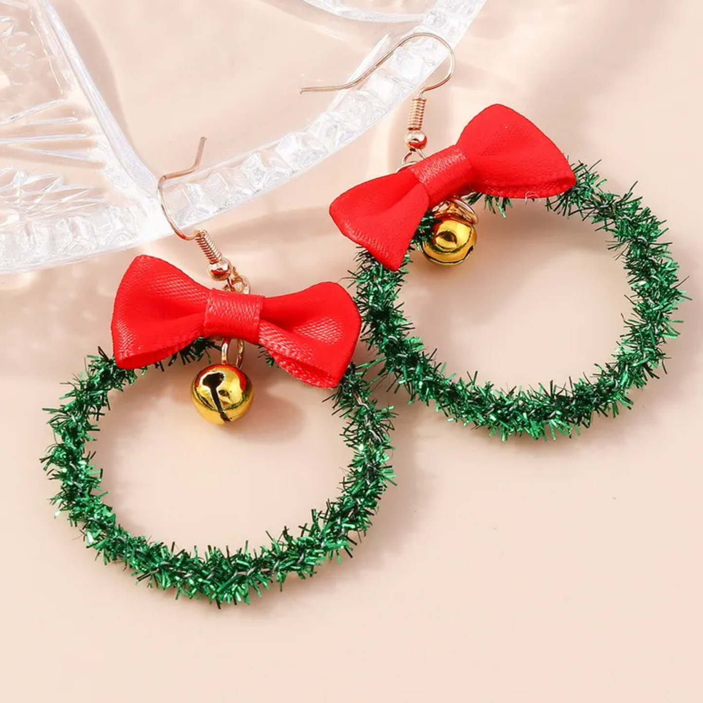 Glittery Christmas Wreath with Red Bow Drop Earrings