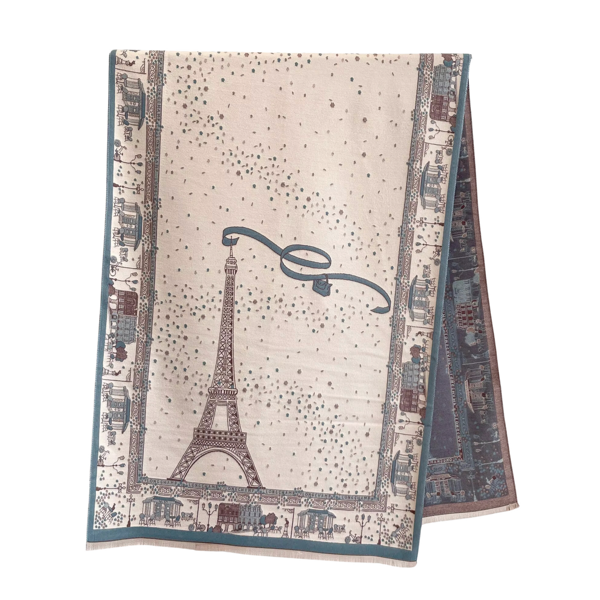 Beige & Dusty Blue Parisian Patterned Fringe-Trimmed Scarf on a white background