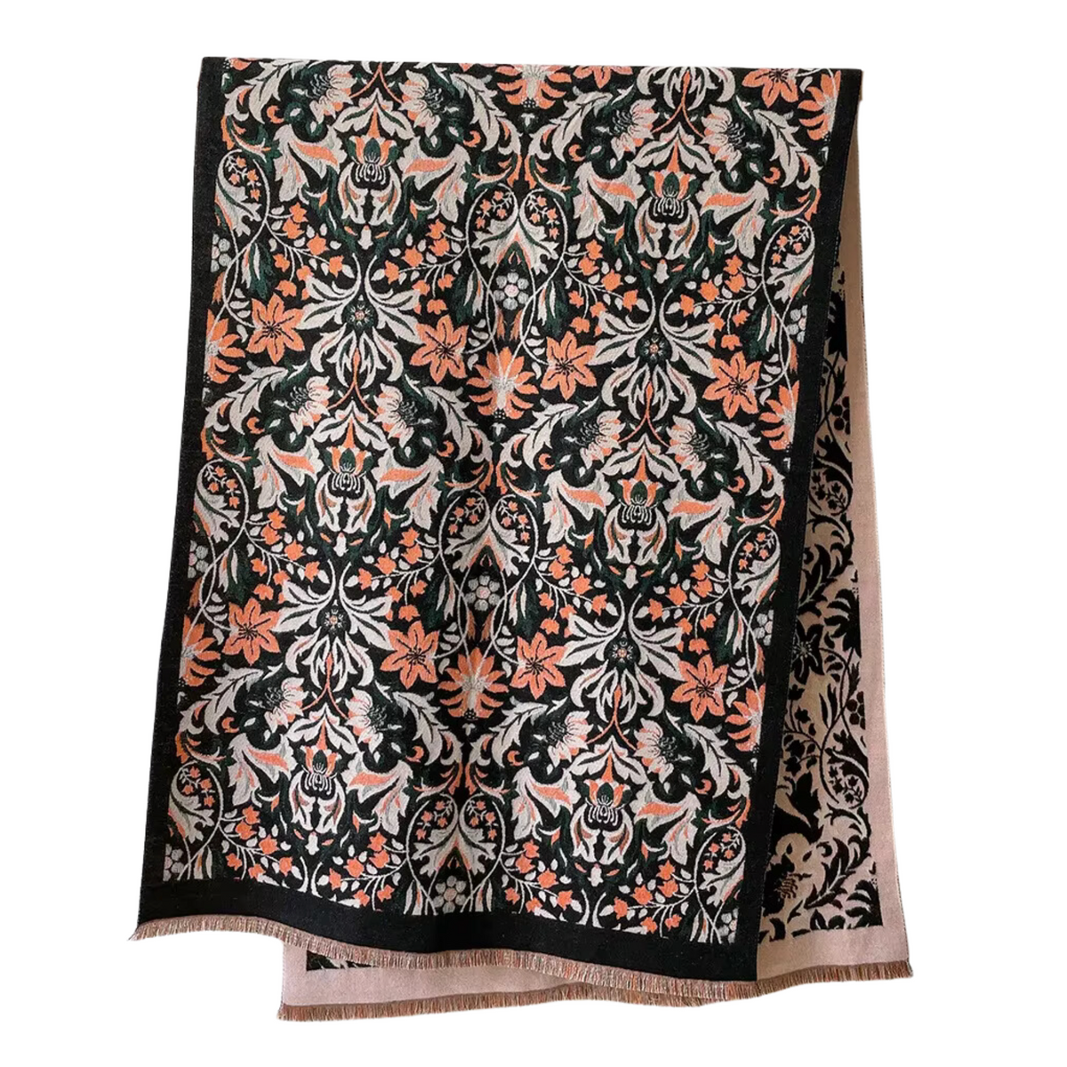 Black, White & Orange Floral Paisley Fringe-Trimmed Scarf on a white background