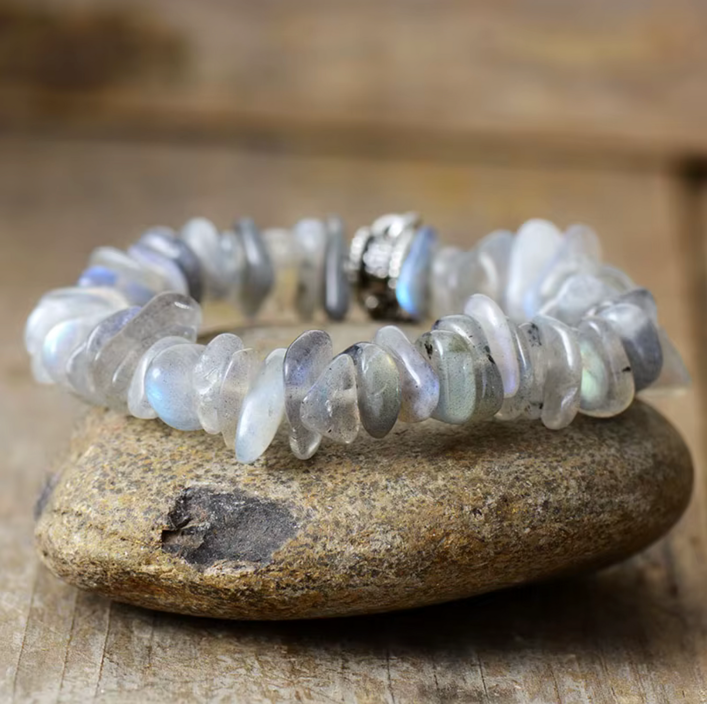 Silvertone & Grey Labradorite Gemstone Stretch Bracelet with Heart Charm