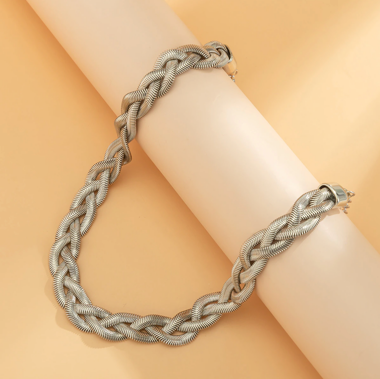 Silvertone Braided Herringbone Choker Necklace