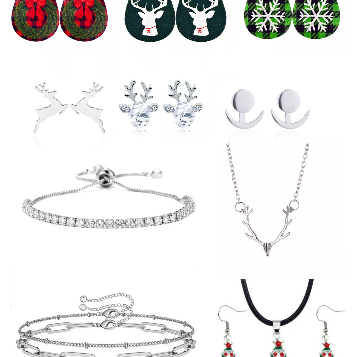 12 Days of Christmas calendar jewellery assortment showing festive earrings, bracelets and necklaces