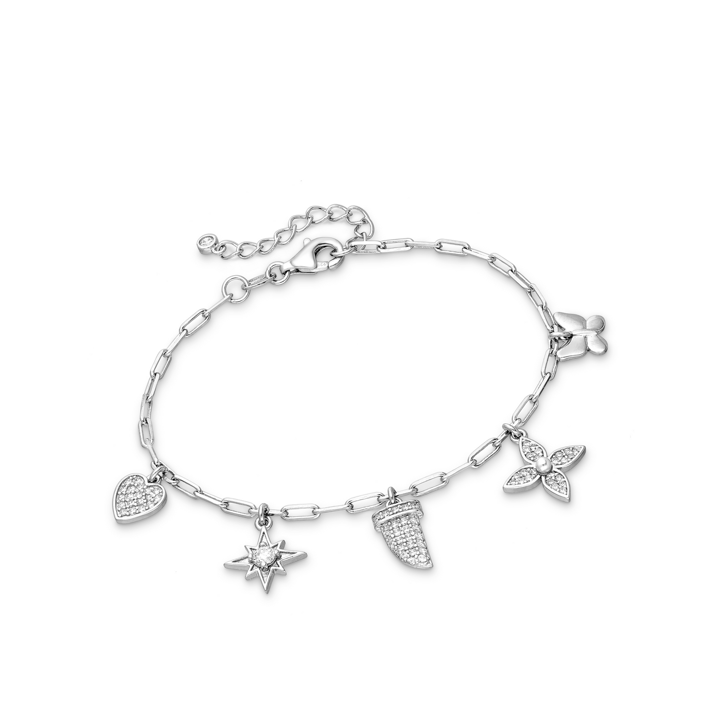 Sterling Silver & Cubic Zirconia Pavé Floral Star Heart Charm Bracelet