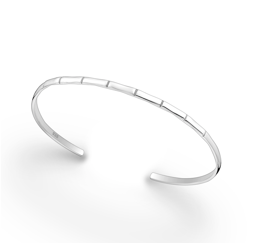Sterling silver bamboo-inspired open cuff with polished segments, minimalist stackable women’s jewellery.