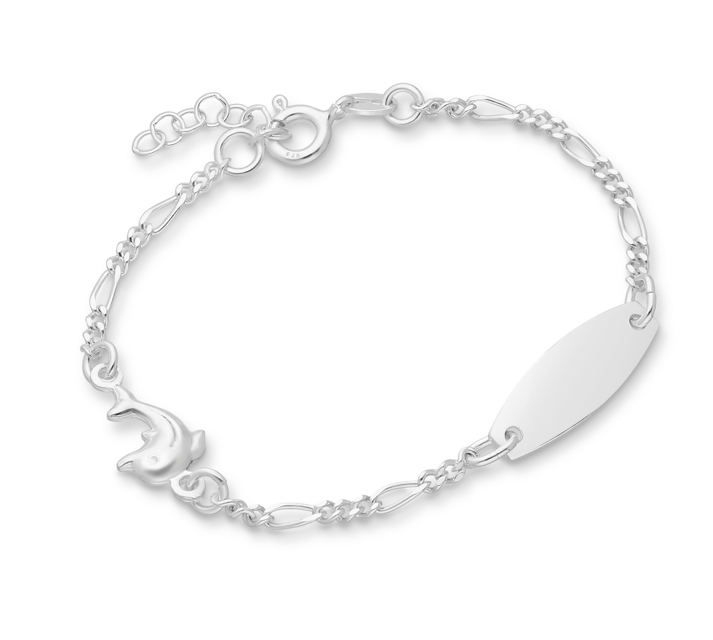 Sterling silver dolphin ID bracelet with Italian Figaro chain and engravable tag, petite adjustable length
