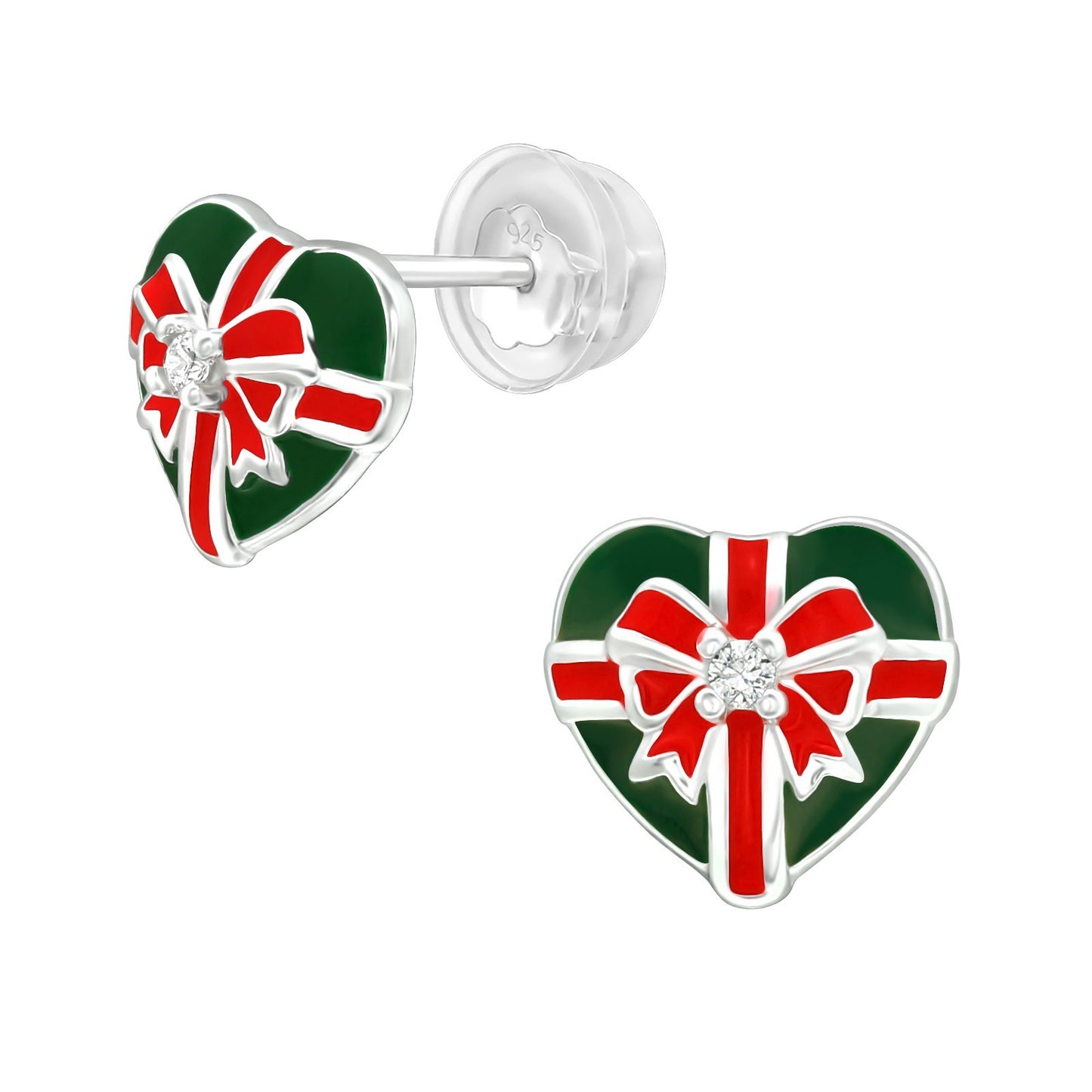 Sterling Silver Green Red Enamel Heart Stud Earring with Cubic Zirconia