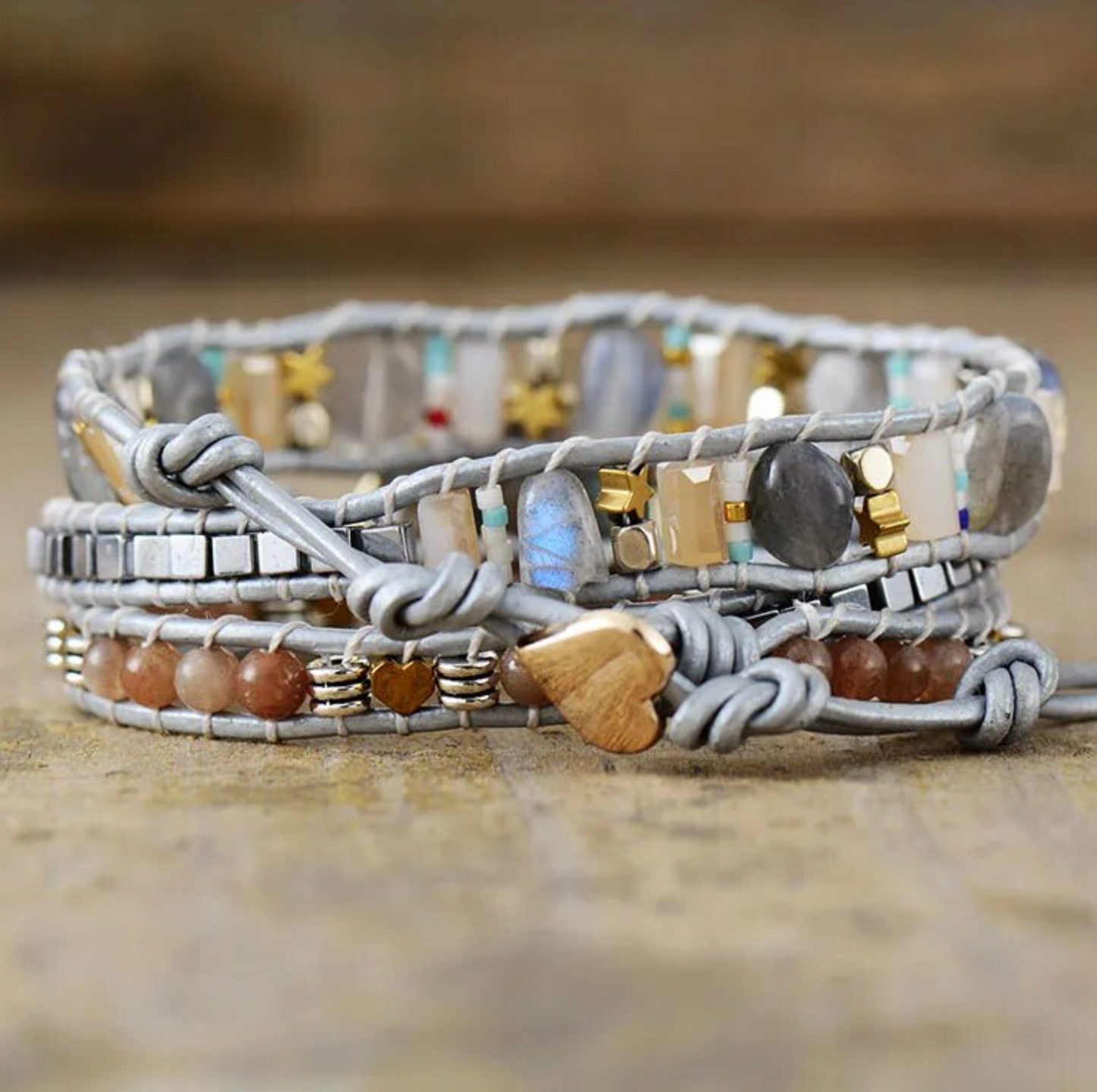 Grey & Goldtone Labradorite Gemstone Wrap Celestial Bracelet