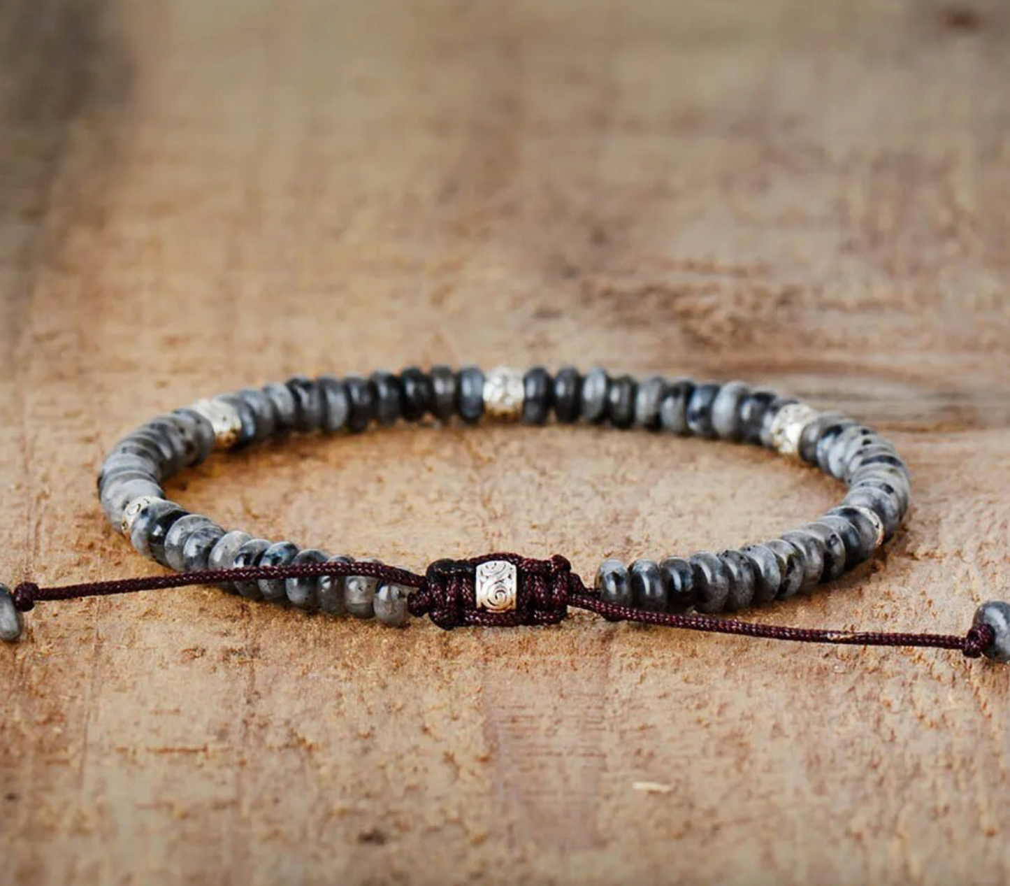 Grey Jasper & Silvertone Beaded Adjustable Bracelet