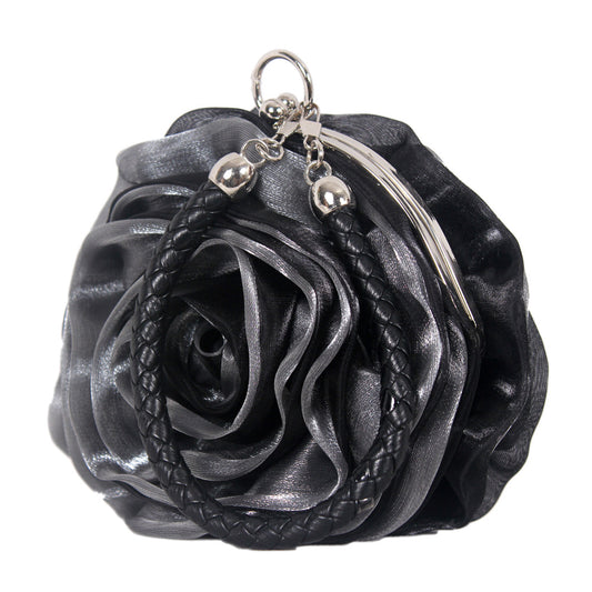 Grey Satine Rose Flower Clutch Handbag with Removeable Strap