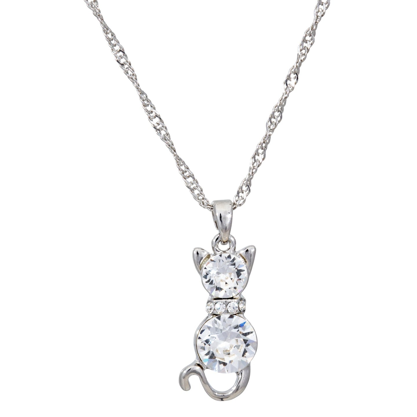Rhodium-plated cat necklace with sparkling Swarovski crystals on twisted chain.
