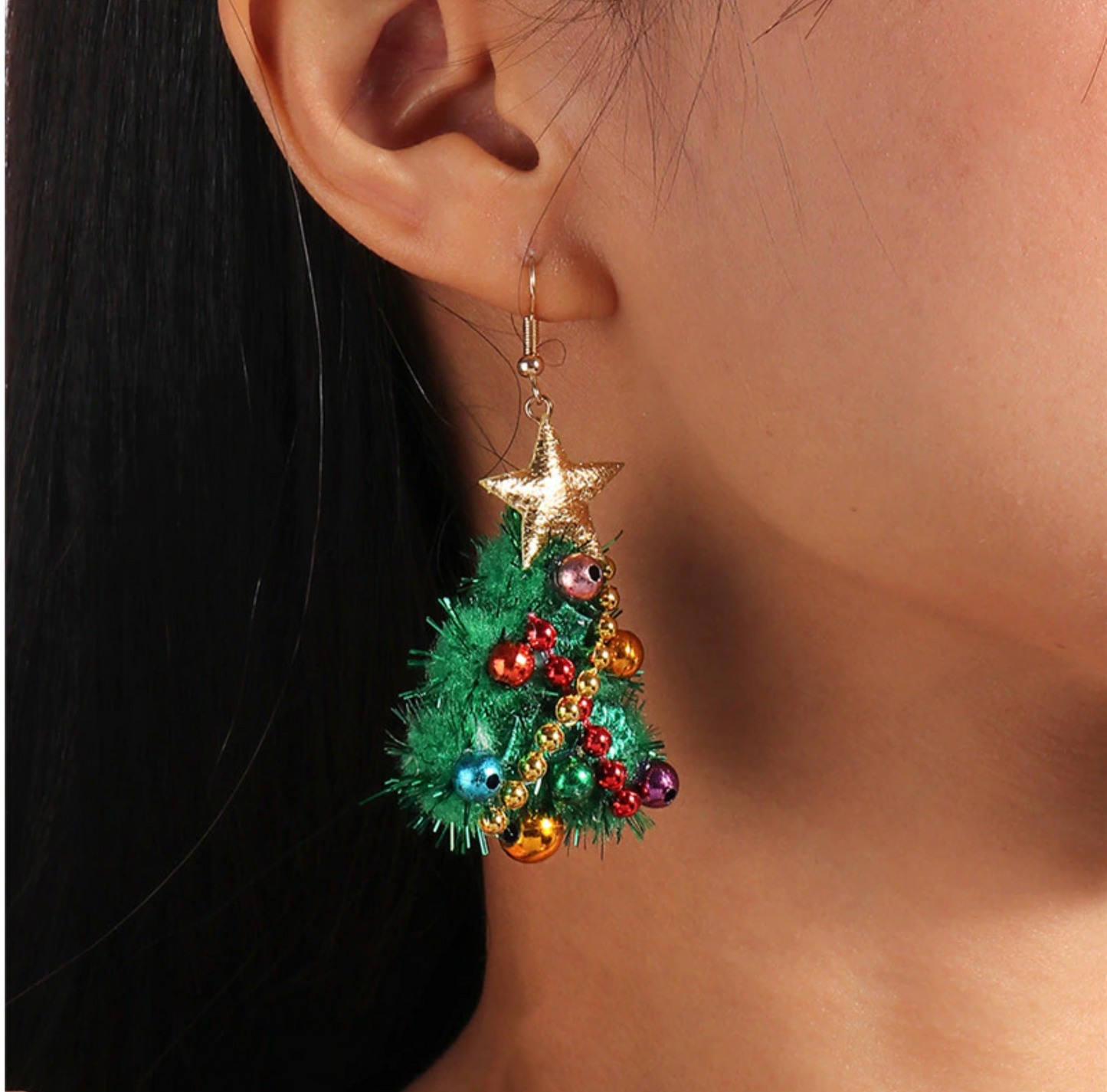 Green & Multi Colored Decorated Christmas Tree Drop Earrings