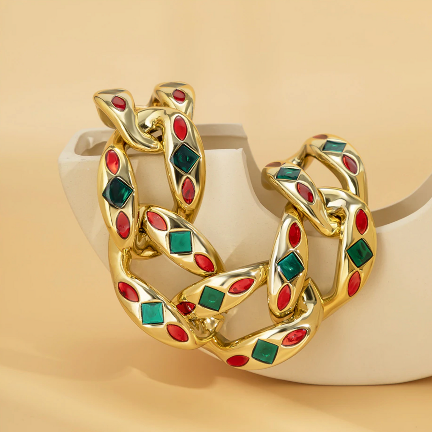 Goldtone Red & Green Embellished Chunky Chain Link Chocker Necklace