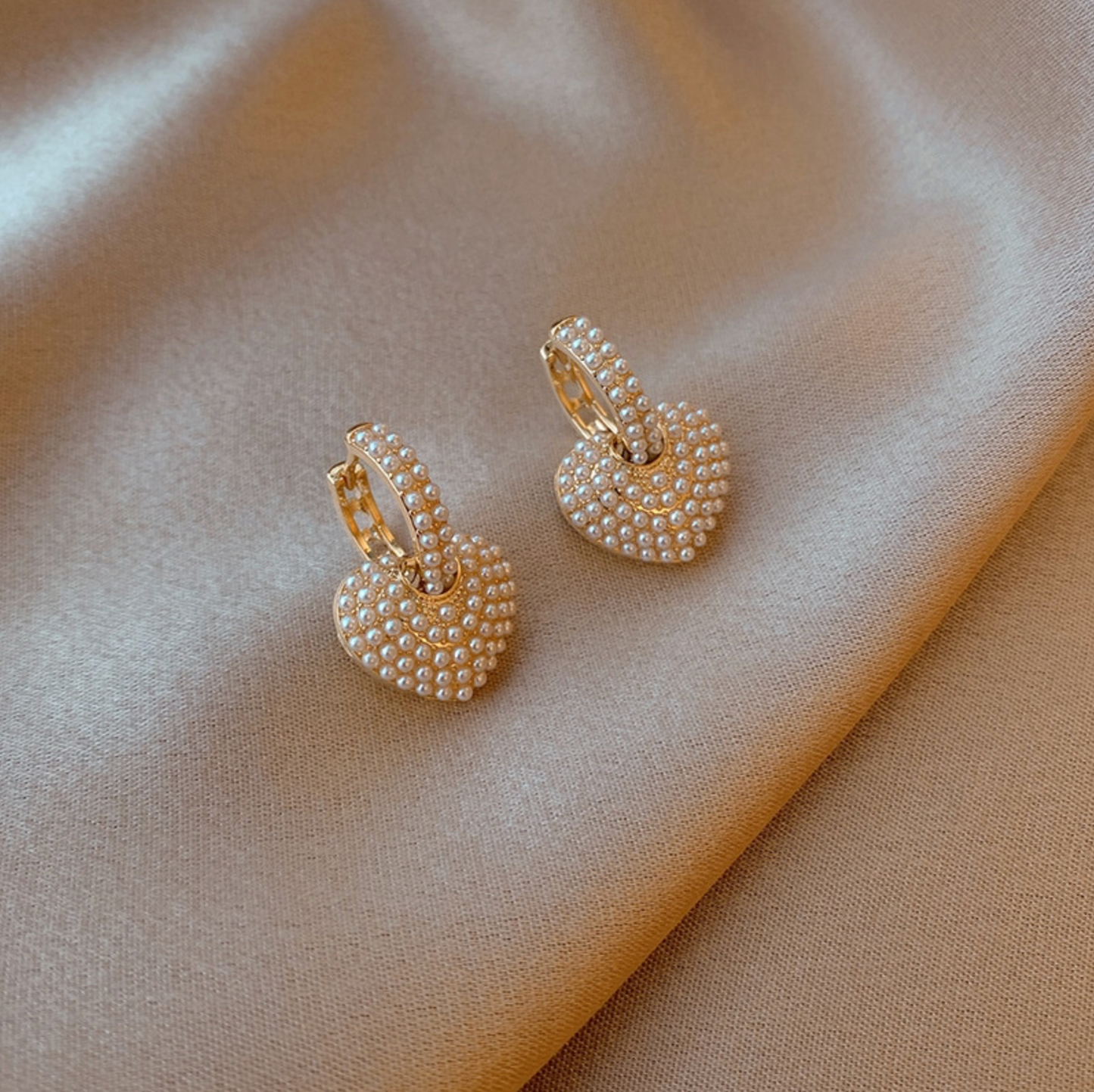 Goldtone Pearl Encrusted Multifunctional Hoop Heart Earring