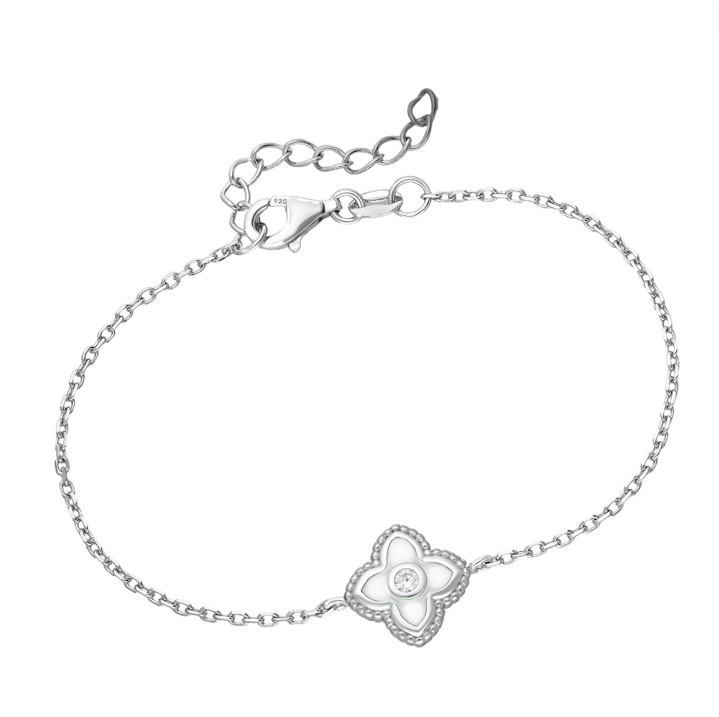sterling silver enamel clover bracelet with bezel-set cubic zirconia on an adjustable rhodium-plated chain, available in white