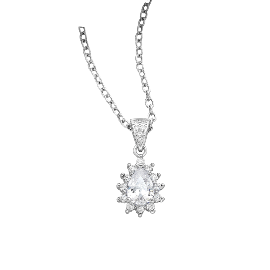 Sterling Silver Pear-Shaped CZ Simulated Diamond Halo Pendant Necklace