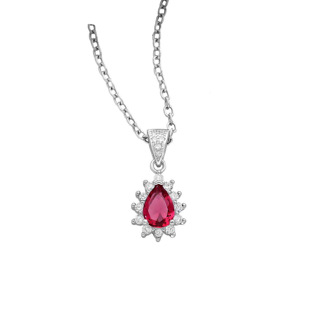 Sterling Silver Pear-Shaped CZ Simulated Diamond Halo Pendant Necklace in Ruby Red