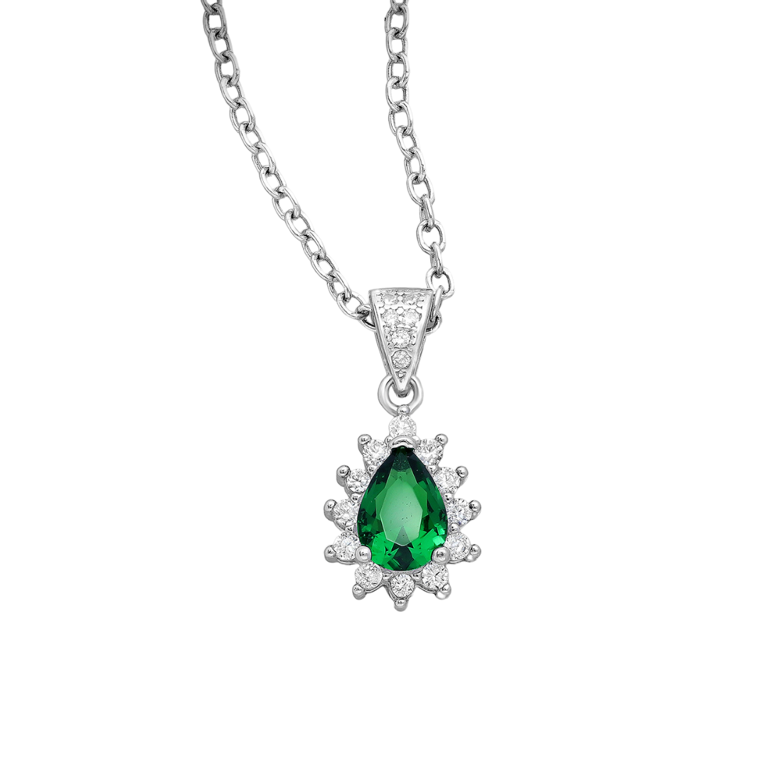 Sterling Silver Pear-Shaped CZ Simulated Diamond Halo Pendant Necklace in Emerald