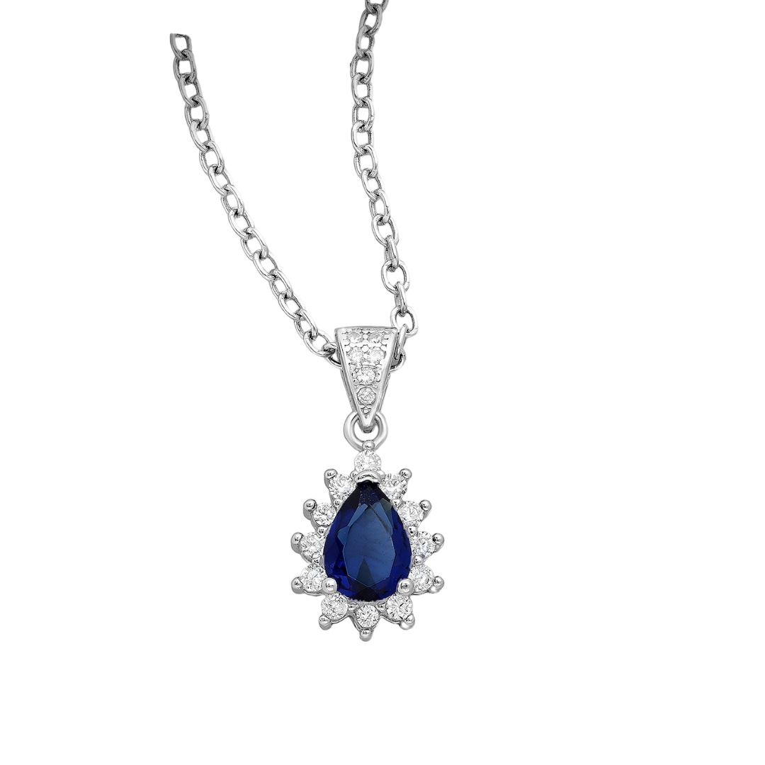 Sterling Silver Pear-Shaped CZ Simulated Diamond Halo Pendant Necklace in Sapphire