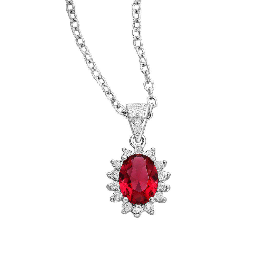 Sterling Silver Oval-Shaped CZ Simulated Diamond Halo Pendant Necklace in Ruby Red