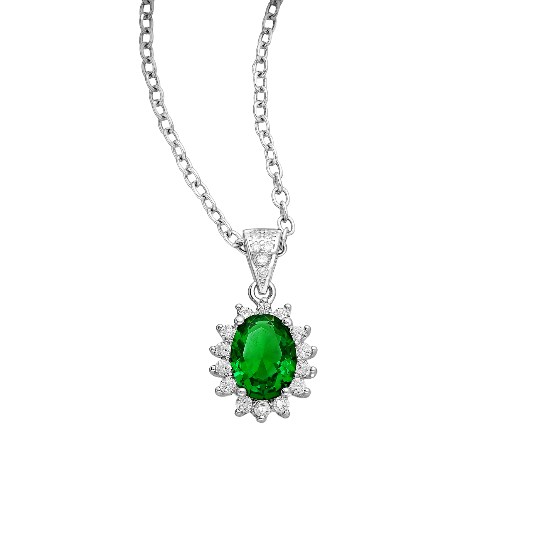 Sterling Silver Pear-Shaped CZ Simulated Diamond Oval Pendant Necklace in Emerald