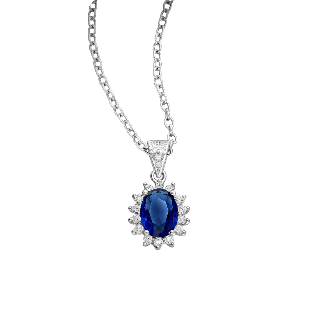 Sterling Silver Pear-Shaped CZ Simulated Diamond Oval Pendant Necklace in Sapphire