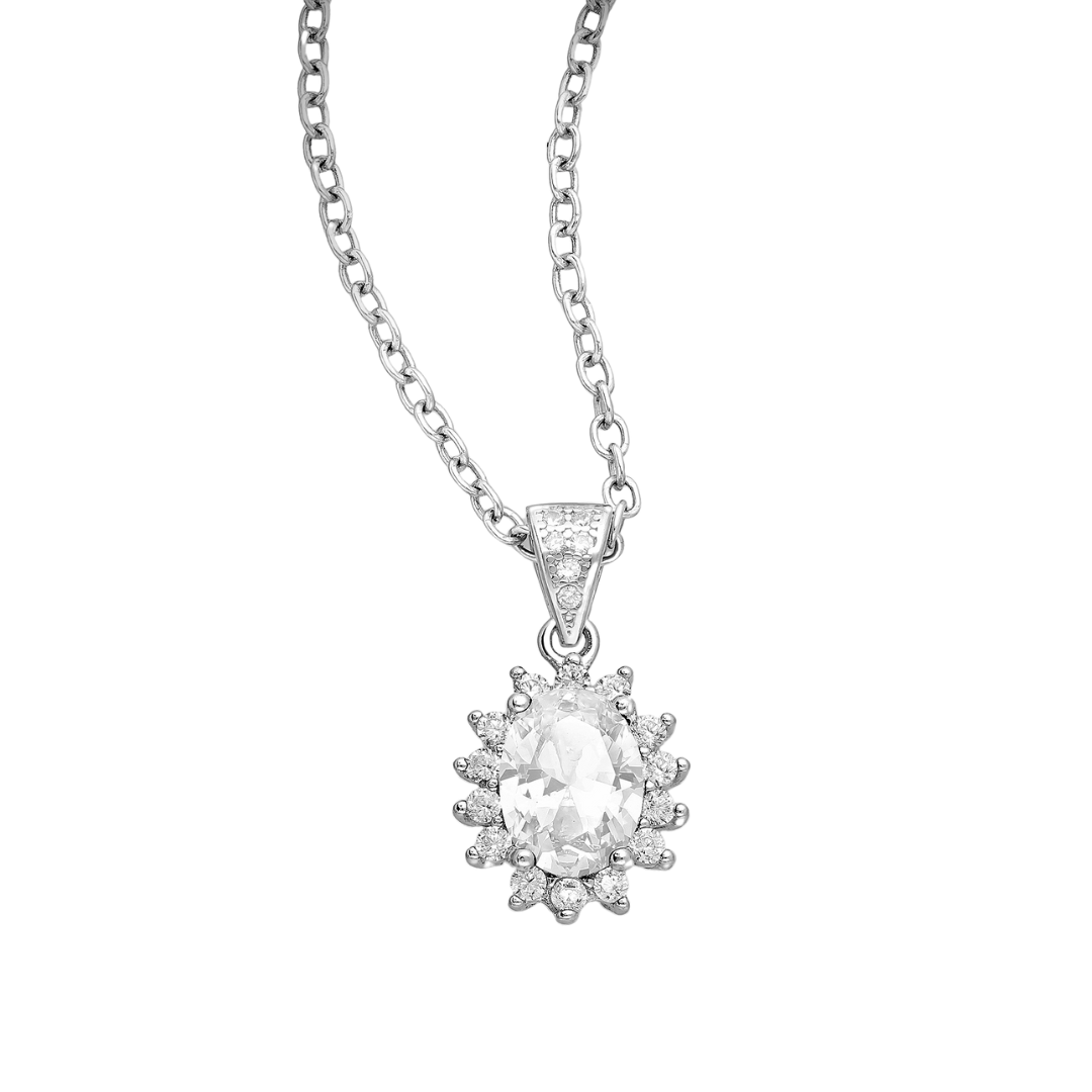 Sterling Silver Pear-Shaped CZ Simulated Diamond Oval Pendant Necklace in Clear