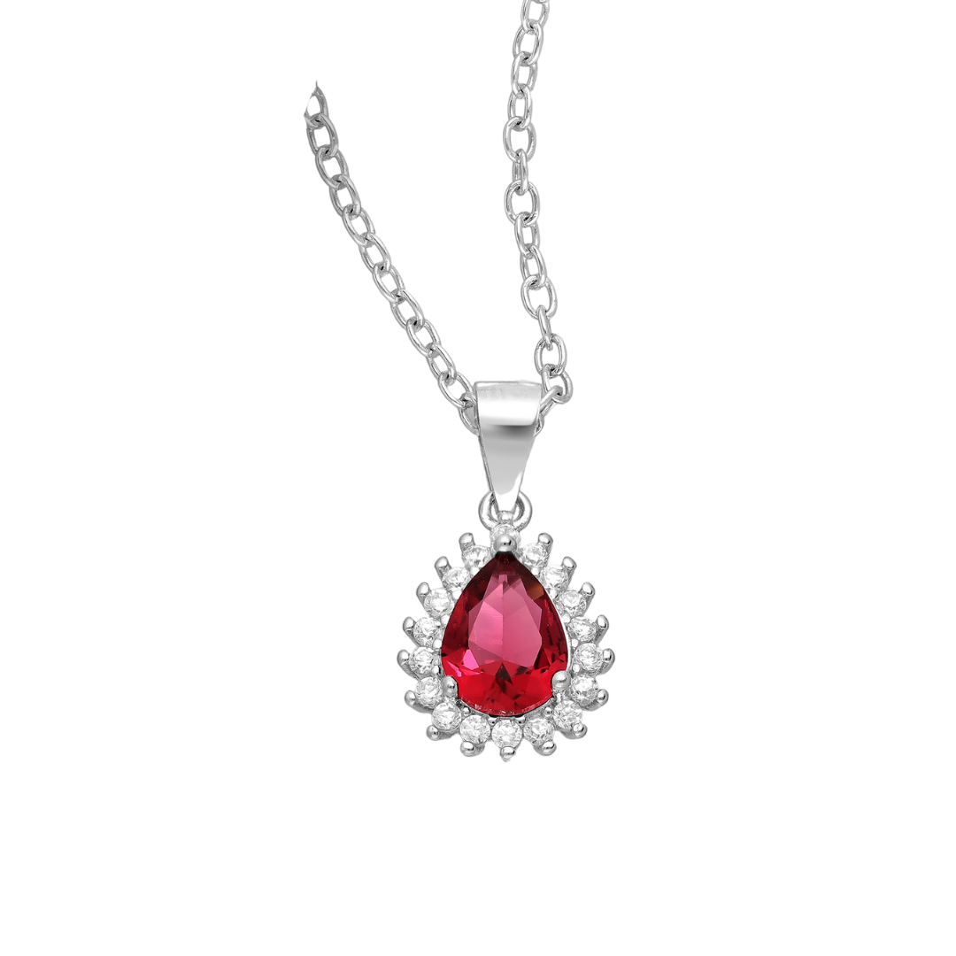 Sterling Silver Pear-Shaped CZ Simulated Diamond Halo and Pave Pendant Necklace in Ruby Red