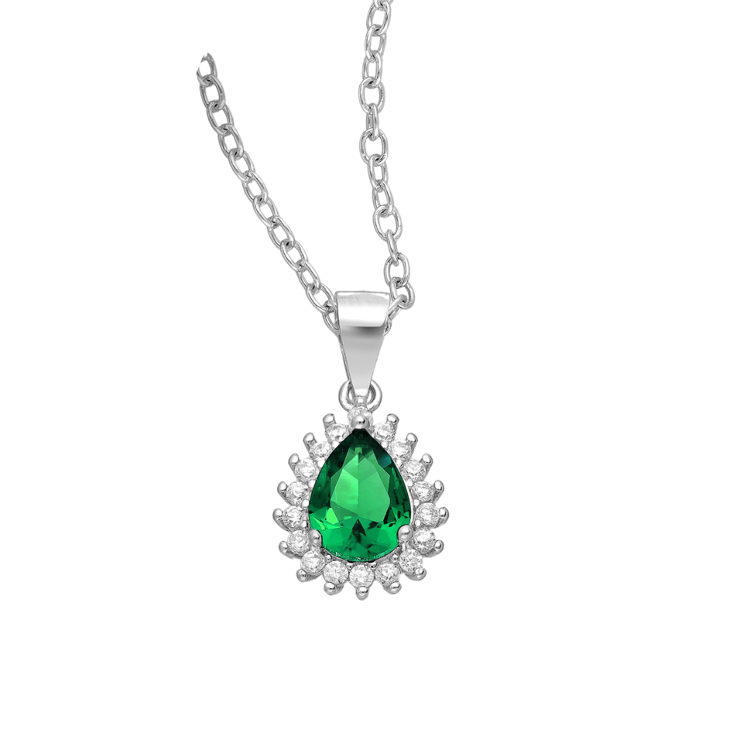 Sterling Silver Pear-Shaped CZ Simulated Diamond Halo and Pave Pendant Necklace in Emerald