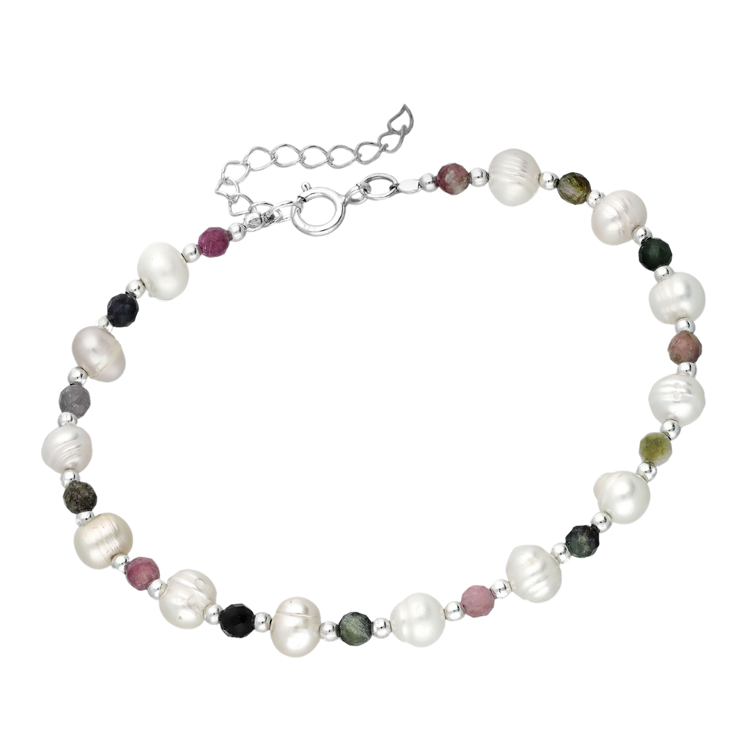 freshwater pearl and tourmaline beaded bracelet with sterling silver accents and adjustable extender chain