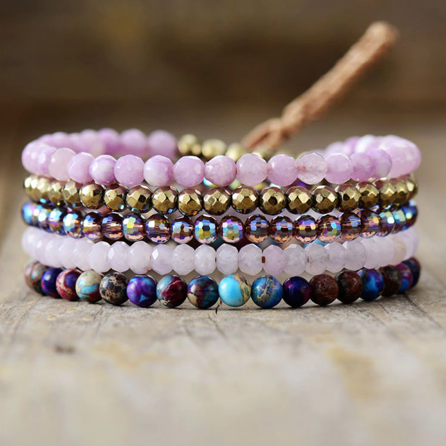 Violet Crystal & Jade Beaded Leather Stack Bracelet