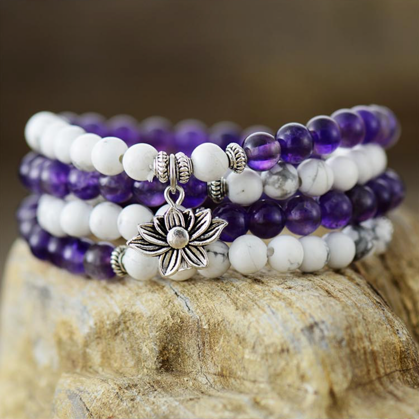 Howlite & Amethyst Lotus Stacked Necklace