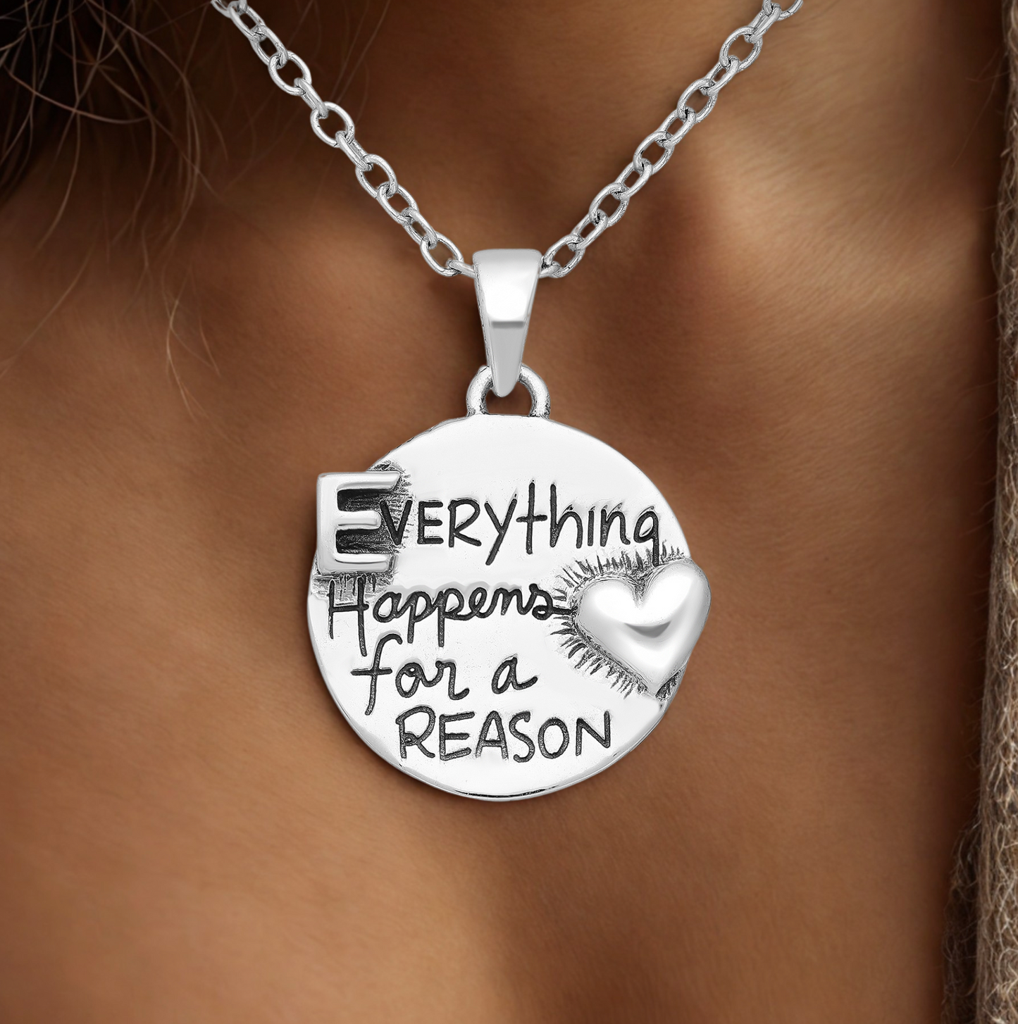 Sterling Silver Oxidized Pendant – “Everything Happens for a Reason” Heart Design