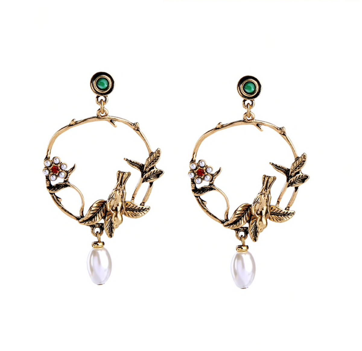 Brass circular earrings with flying bird details and dangling imitation pearls