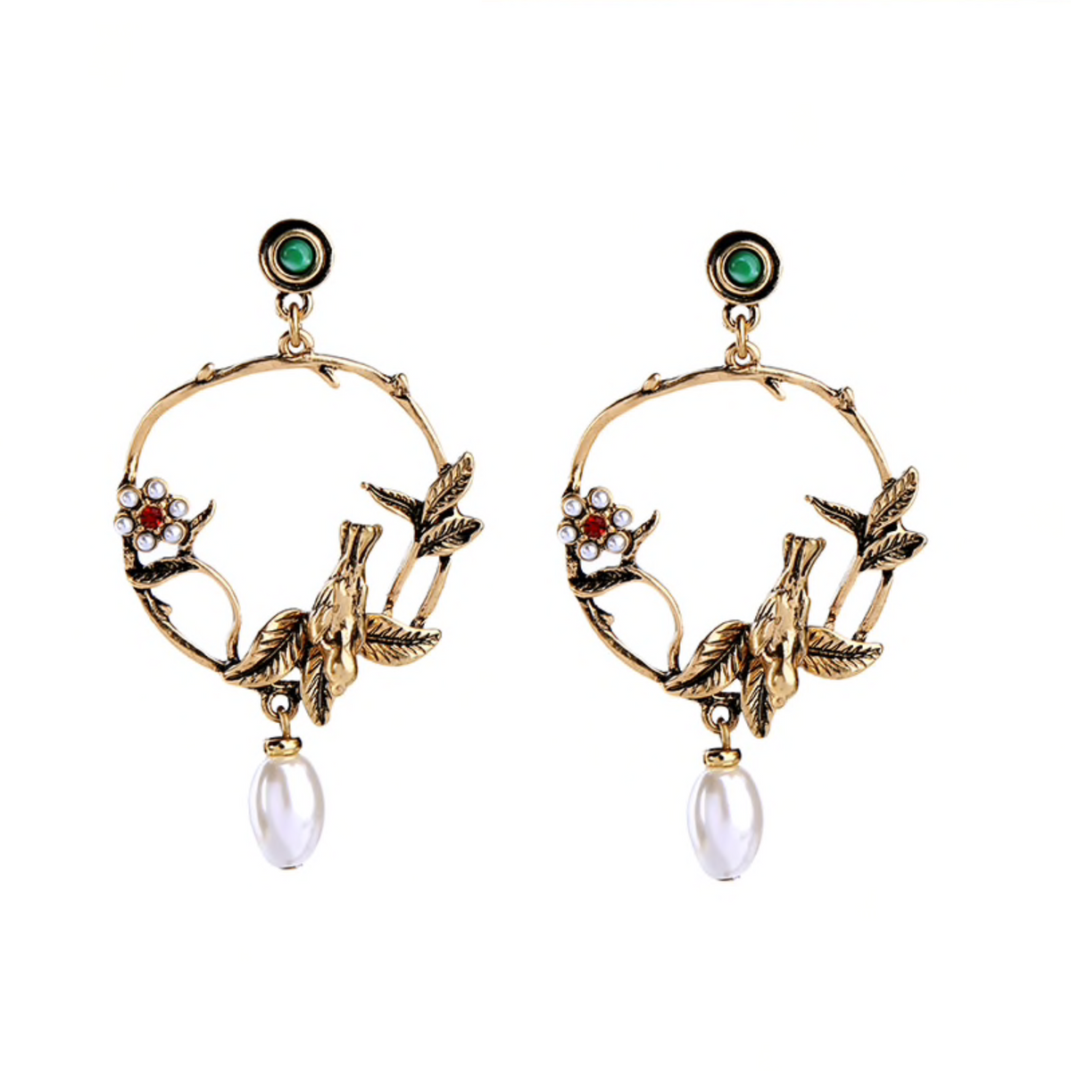 Pair of brass bird earrings with green round tops and white imitation pearls