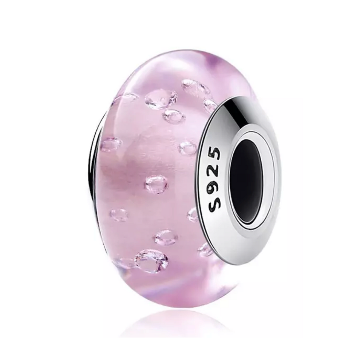 Soft pink Murano glass charm bead with polished 925 sterling silver core, compatible with Pandora-style bracelets.