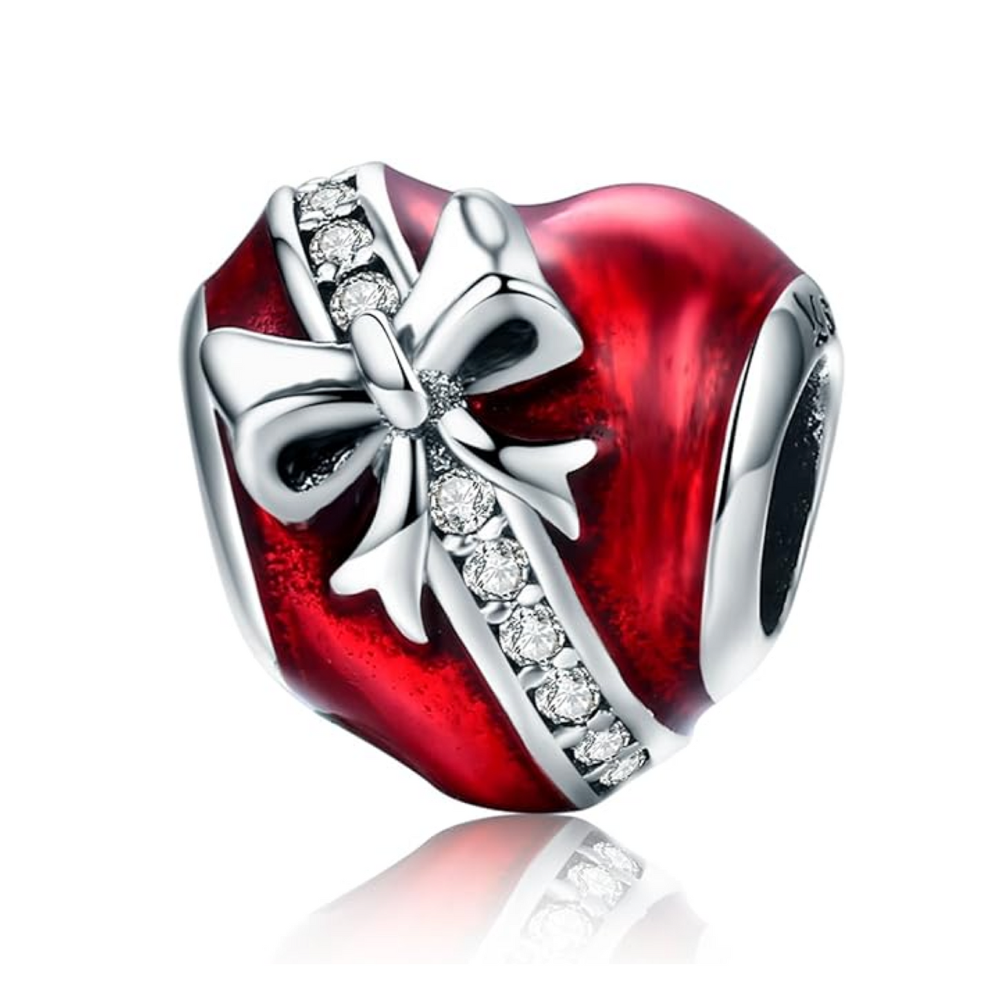 Sterling silver red enamel heart charm with bow and pavé CZ stripe, compatible with Pandora-style bracelets.