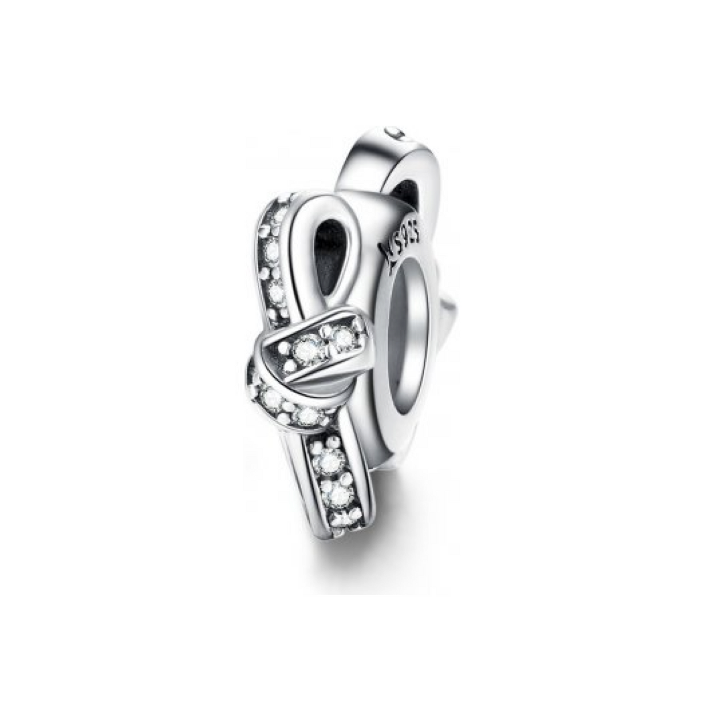 Sterling silver bow-knot ribbon charm with pavé CZ accents and smooth core, compatible with Pandora-style bracelets.
