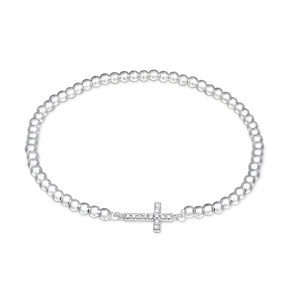 sterling silver beaded bracelet with sideways CZ cross charm, polished round beads