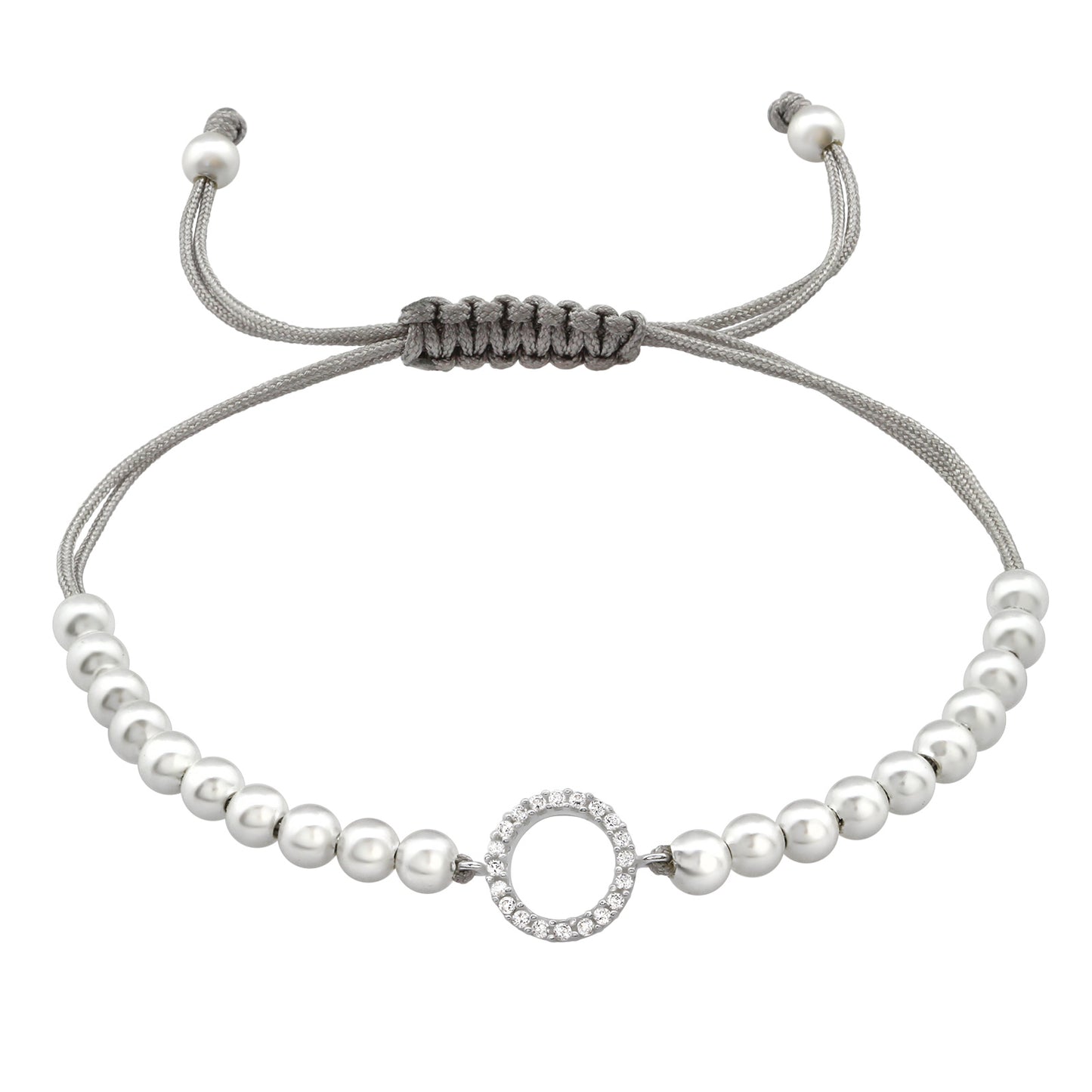 grey cord bracelet with sterling silver CZ circle charm and round beads, macramé slider, adjustable fit