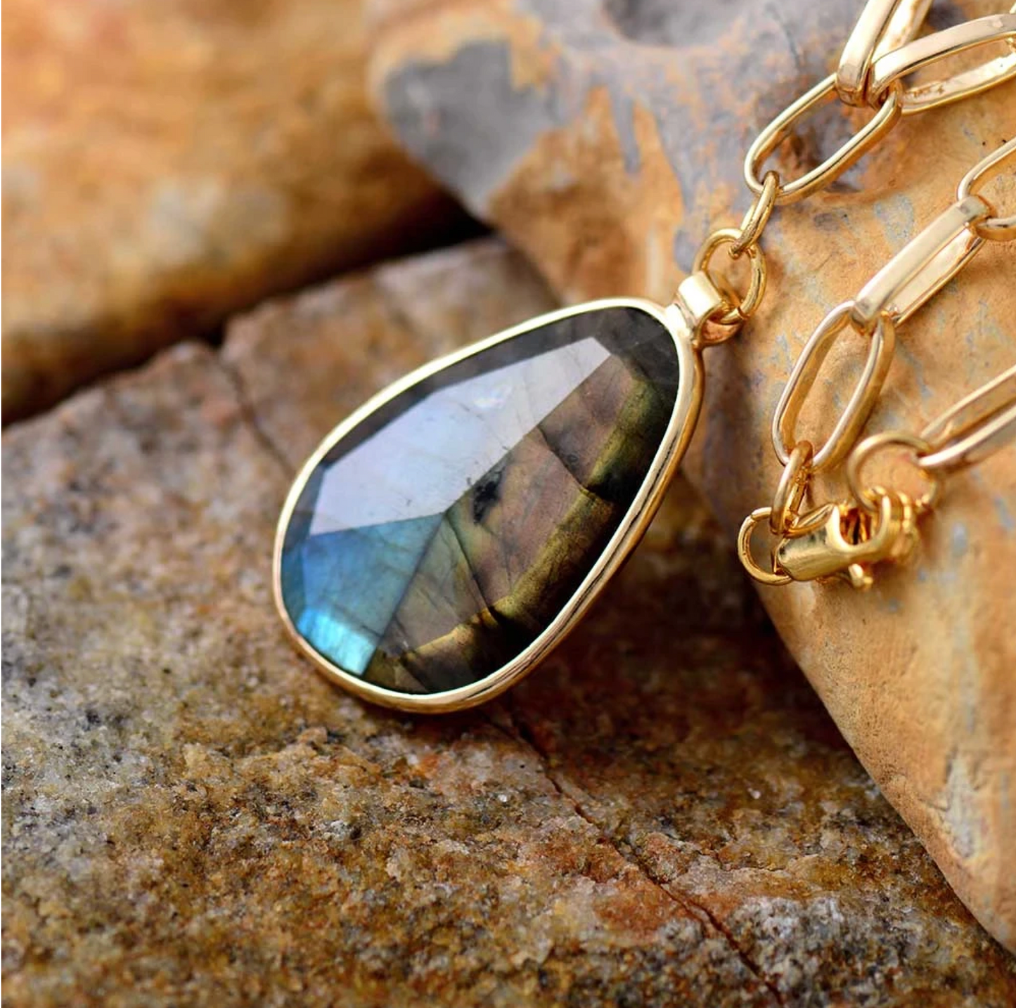 Labradorite & Goldtone Faceted Framed Pendant Necklace