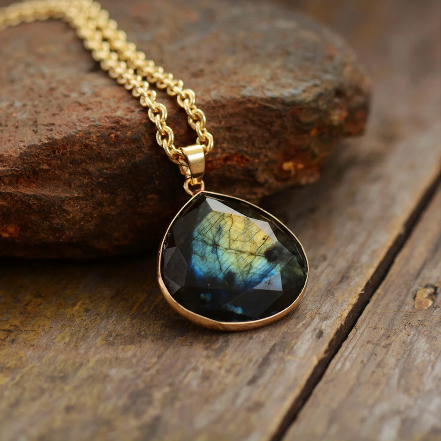 Labradorite & Goldtone Teardrop Pendant Necklace