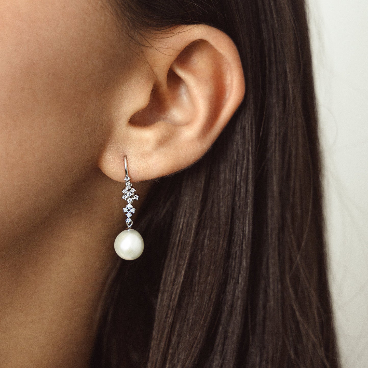 Sterling Silver Clustered CZ & White Freshwater Teardrop Pearl Drop Earrings