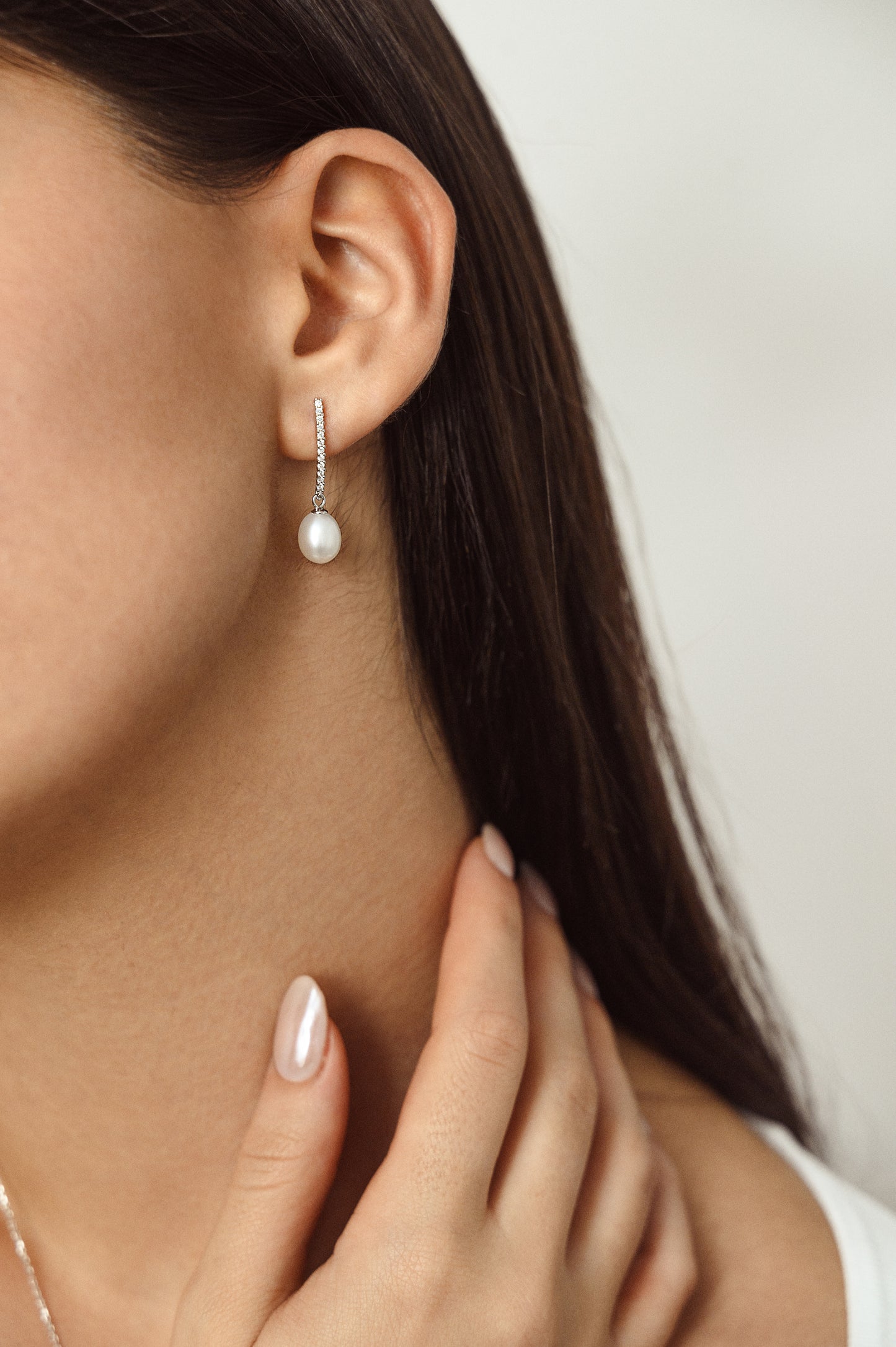 Sterling Silver Classic Bar Drop Earrings with White Freshwater Pearls