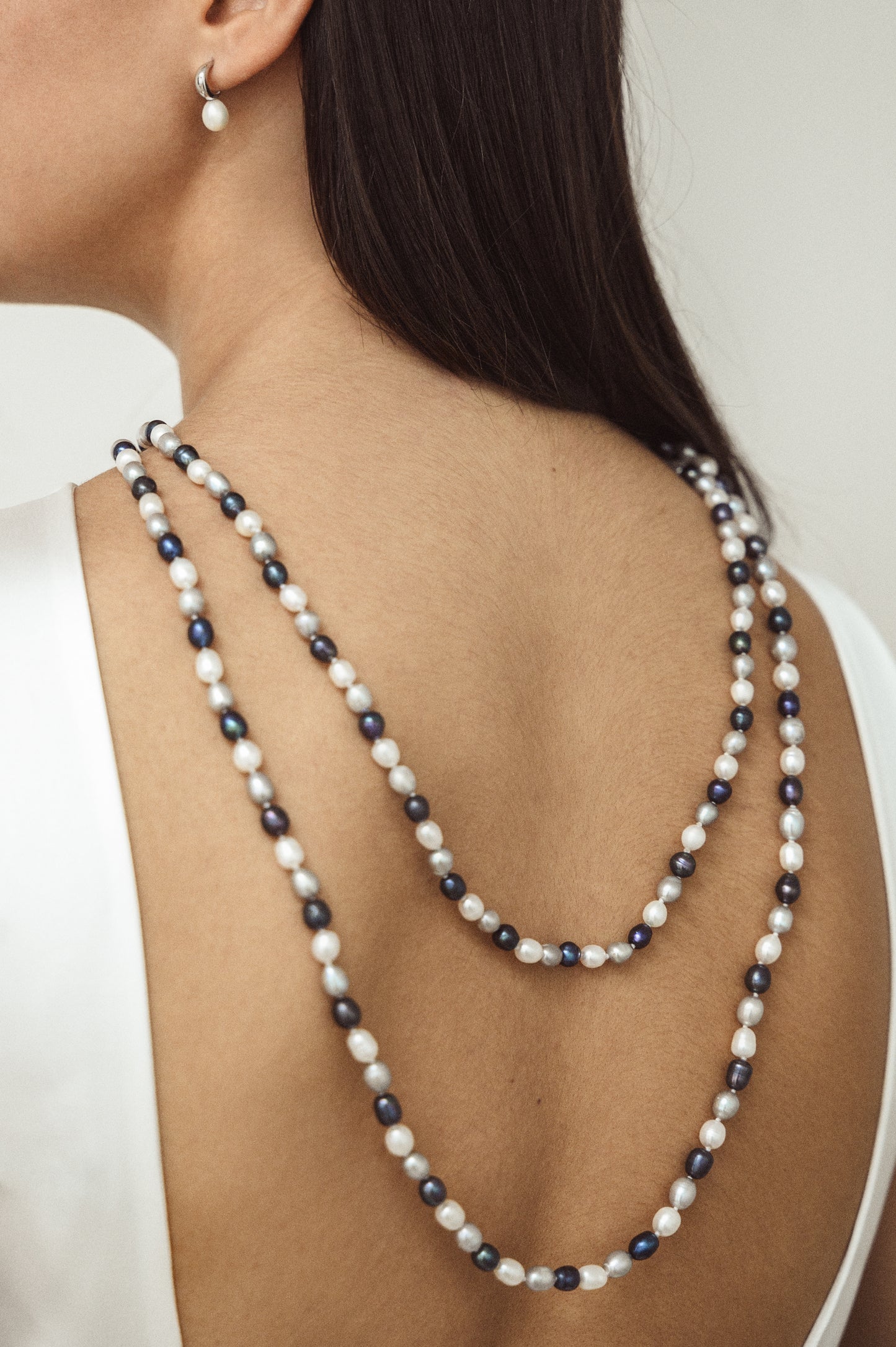 Sterling Silver White & Grey Mix Freshwater Pearl Long Necklace