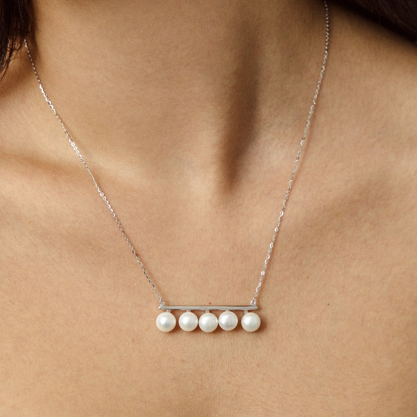 Sterling Silver Bar & White Freshwater Pearl Necklace