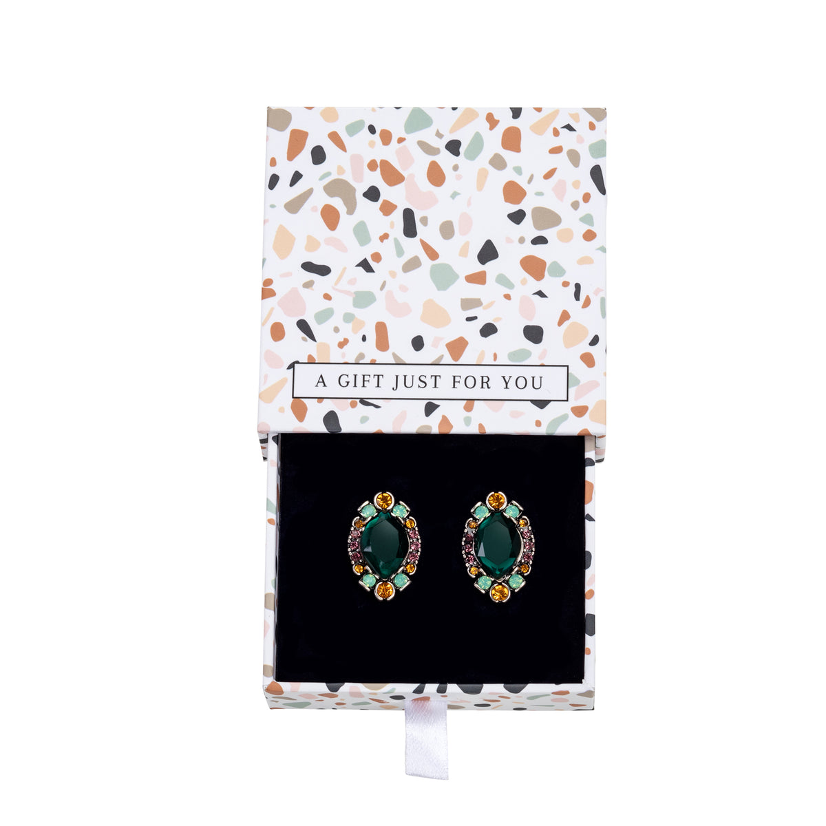 Green-centred multicolour marquise crystal stud earrings displayed in an open gift box