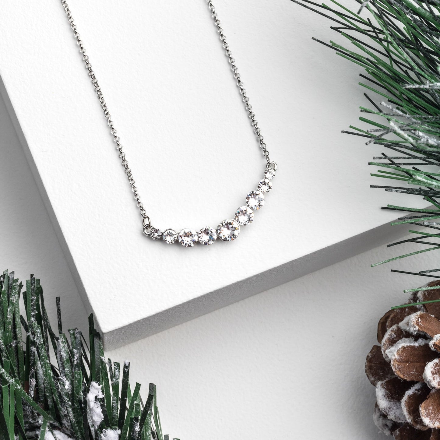 Rhodium-Plated Necklace Made with Swarovski Crystals – Elegant Graduated Crystal Bar Jewellery
