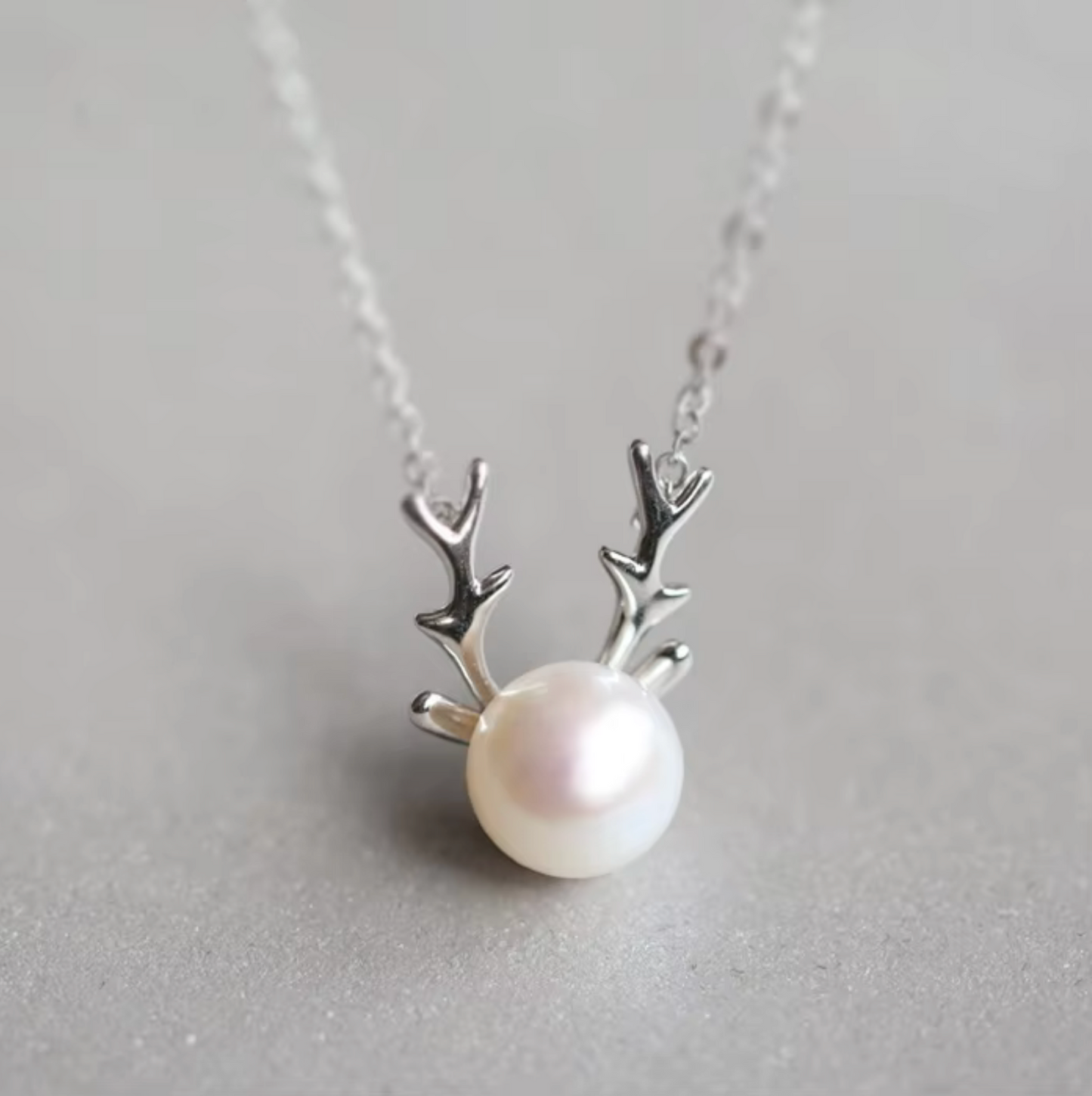Imitation Pearl Silvertone Deer Pendant Necklace